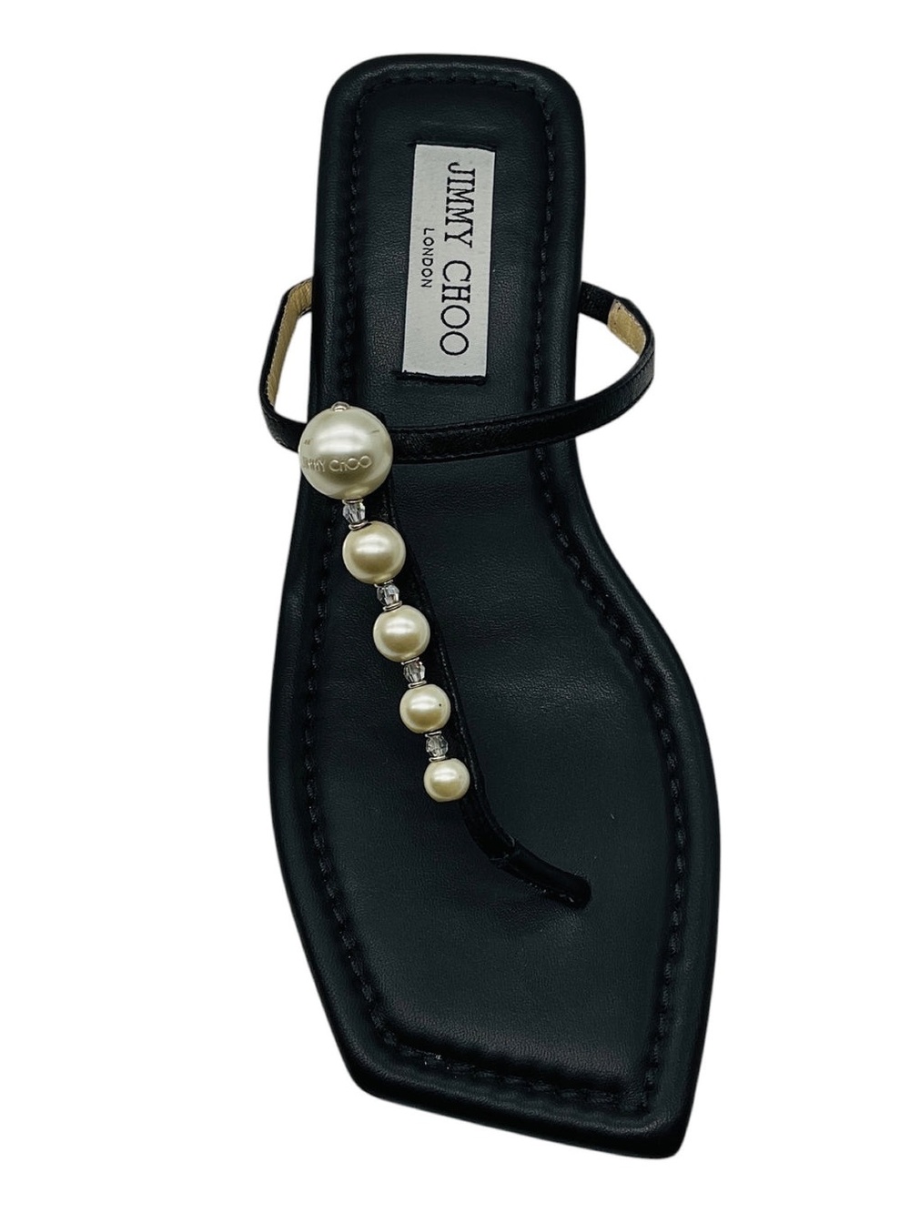 JIMMY CHOO BLACK ALAINA FAUX PEARL EMBELLISHED LEATHER FLAT SANDALS SZ 35.5